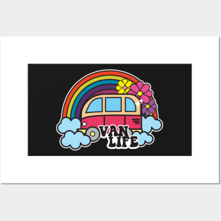 Van Life Cute Retro Cartoon Rainbow Happy Hippy Style Funny Posters and Art